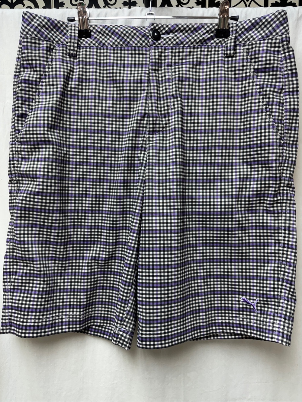 Puma Men's Purple and White Check Hybrid Golf Shorts